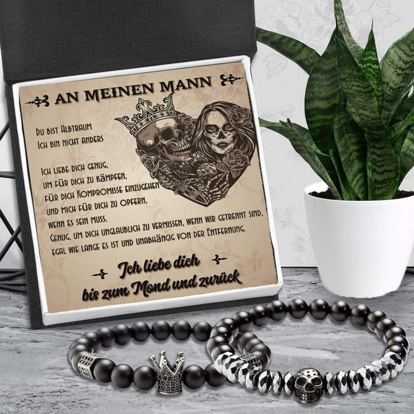 Paar Kronen- und Totenkopf-Armbänder - Totenkopf & Tattoo - An Meinen Mann - Ich Liebe Dich Bis Zum Mond Und Zurück - Degbu26002