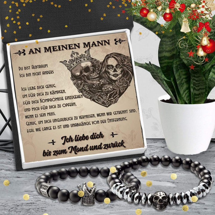 Paar Kronen- und Totenkopf-Armbänder - Totenkopf & Tattoo - An Meinen Mann - Ich Liebe Dich Bis Zum Mond Und Zurück - Degbu26002