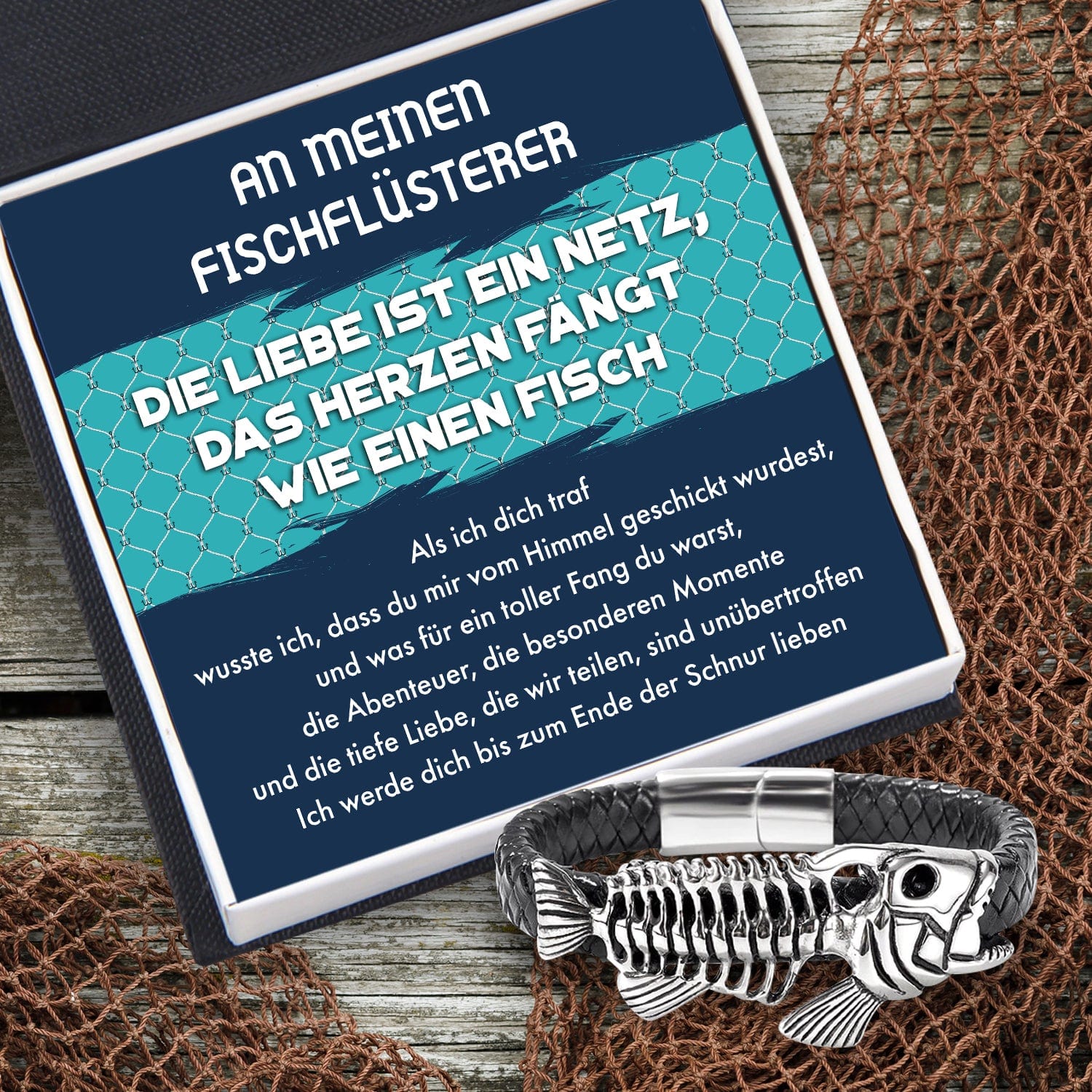 Schwarzes Fischgräte Lederarmband - Angeln - An Meinen Mann - Ich Werde Dich Bis Zum Ende Der Schnur Lieben - Degbzr26002